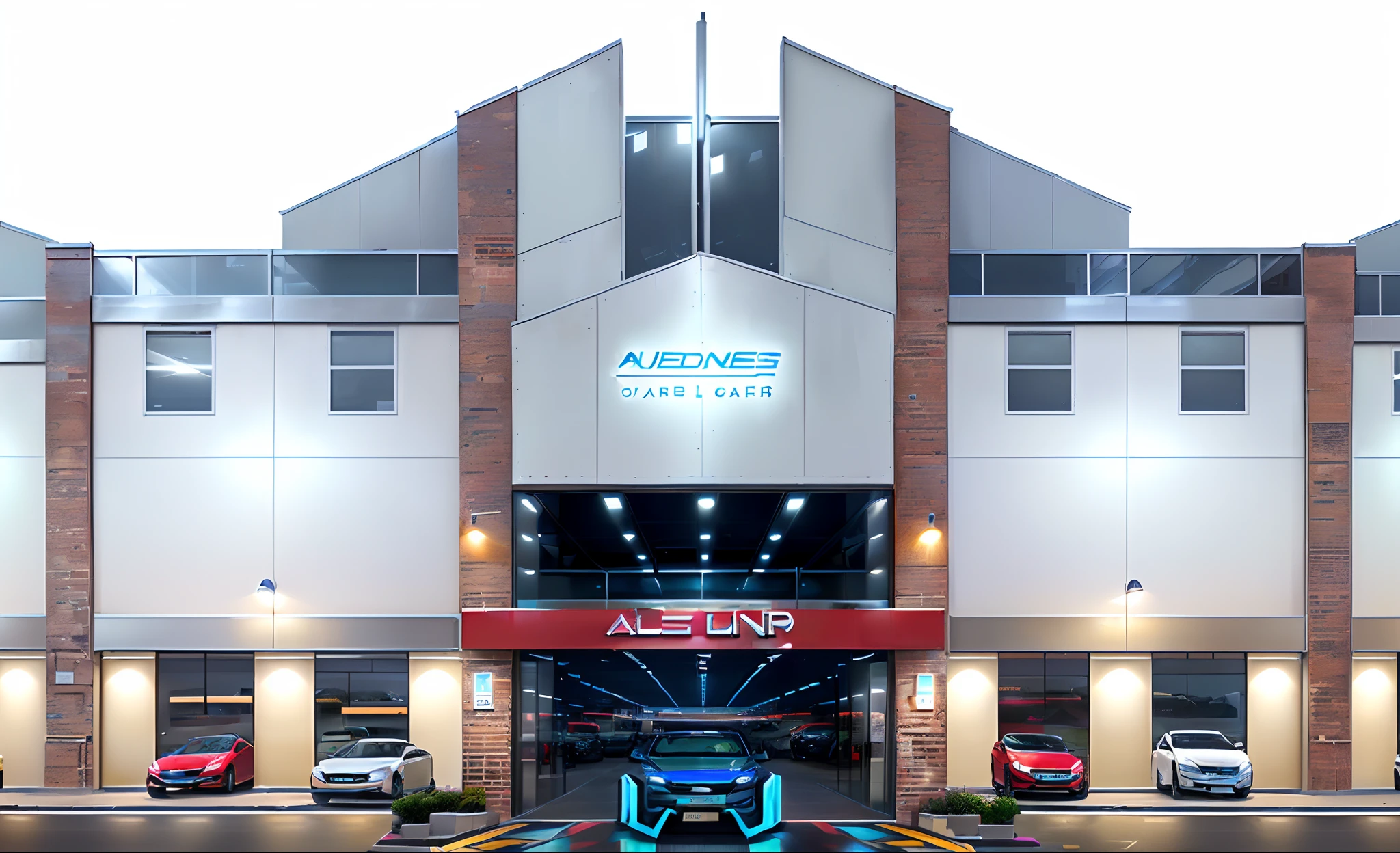 a multi-storey car dealership with luxury cars, glass front, colorful neon lights, scrolling text, advertising banners.