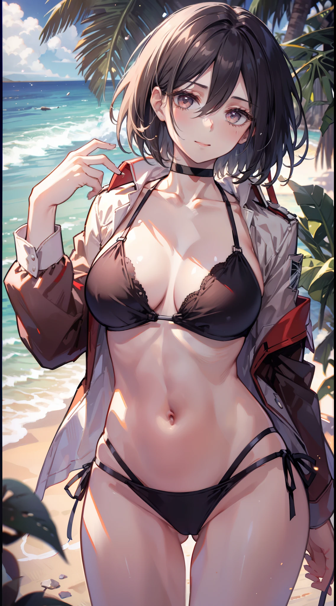 top-quality,Masterpiece,masterpiece,detail portrayal,Intricate details,Fine details,Best Quality,Beautiful lighting,skinny body shape,Slender body lines,Tall,Mikasa,A dark-haired,short-hair,Big beautiful eyes,Red Bikini,Black bikini,Wear a white shirt,Red choker,full bodyesbian,Depiction from head to foot,cowboy shot,a smile,beach,playing by the sea,