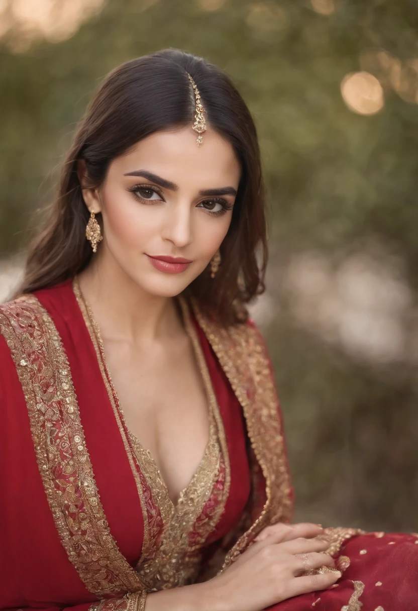 arafed woman in a red and gold shawl and a red dress, middle eastern skin, beautiful arab woman, young middle eastern woman, beautiful iranian woman, arabian beauty, middle eastern, mid shot portrait, detailed face of an arabic woman, 7 0 mm portrait, portrait shot, close - up portrait shot, close up portrait shot, photo of a beautiful woman