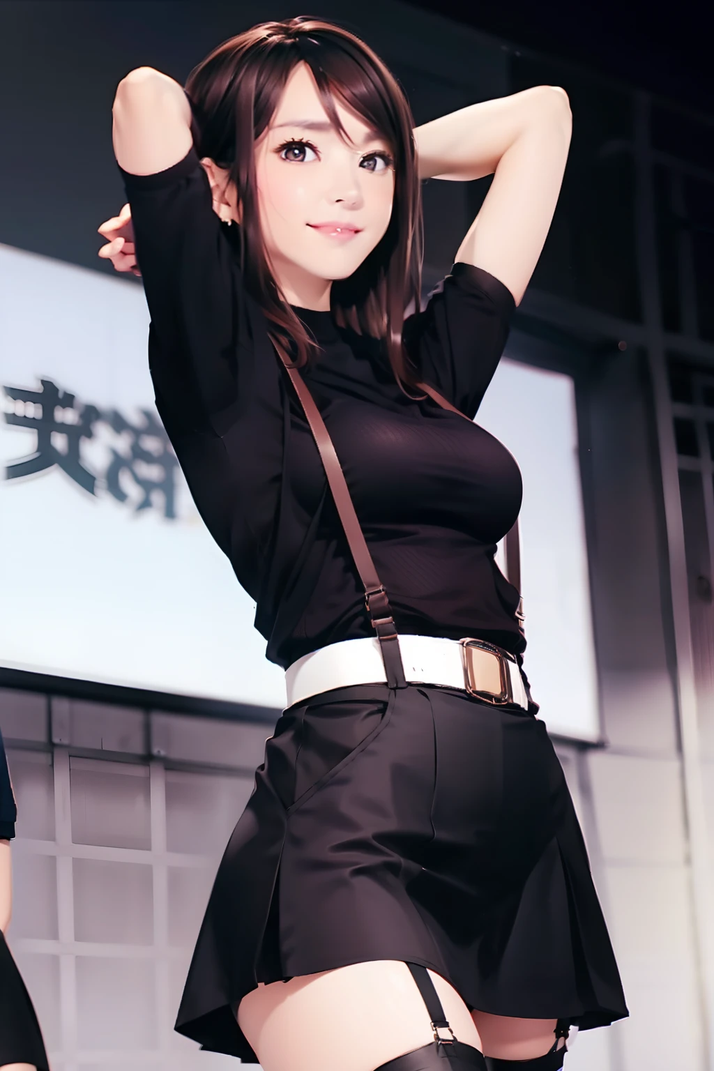 Black skirt, suspenders, Brown hair Gray eyes, Garter belt on the legs, Tight clothes, a belt Armpit sweat Tight look Moderate breasts