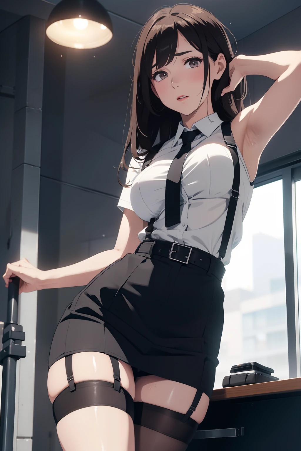 Black skirt, suspenders, Brown hair Gray eyes, Garter belt on the legs, Tight clothes, a belt Armpit sweat Tight look Moderate breasts