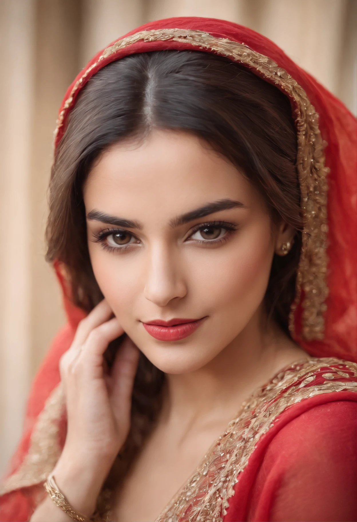 arafed woman in a red and gold shawl and a red dress, middle eastern skin, beautiful arab woman, young middle eastern woman, beautiful iranian woman, arabian beauty, middle eastern, mid shot portrait, detailed face of an arabic woman, 7 0 mm portrait, portrait shot, close - up portrait shot, close up portrait shot, photo of a beautiful woman