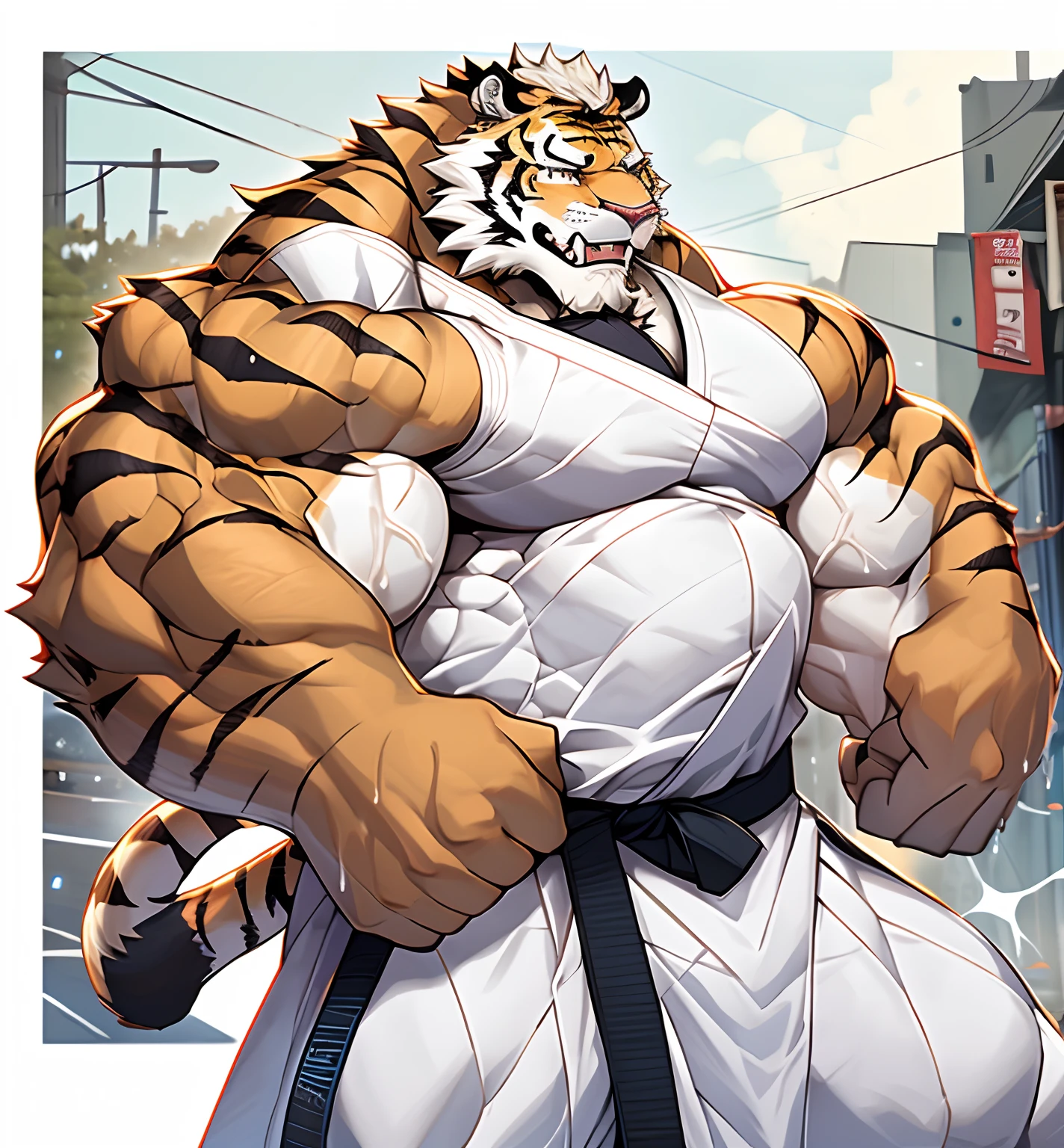 1boys, Solo, Muscular old man (Confident furry white-haired saber-toothed tiger), huge muscle, Short hair, Wearing a karate uniform, (Movie rain visual effects background), Dark background, Wet