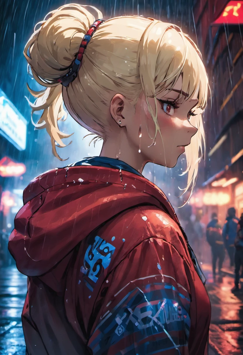 Closeup photograph, confident young cyberpunk woman with blonde and white hair in a bun, wearing a hoodie with red and blue designs on it, in a rain soaked street at night, photorealistic, cinematic lighting