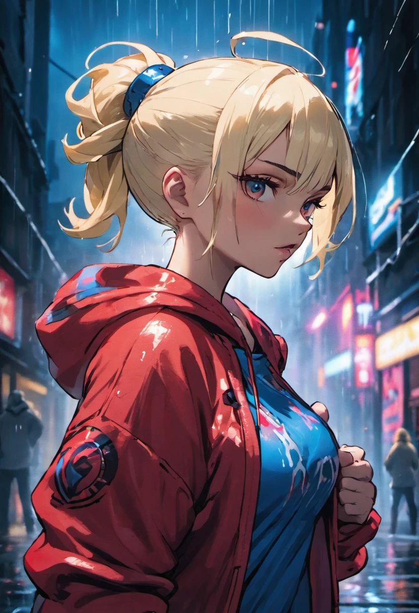 Closeup photograph, confident young cyberpunk woman with blonde and white hair in a bun, wearing a hoodie with red and blue designs on it, in a rain soaked street at night, photorealistic, cinematic lighting