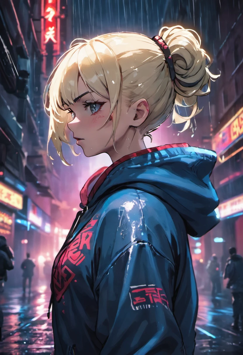 Closeup photograph, confident young cyberpunk woman with blonde and white hair in a bun, wearing a hoodie with red and blue designs on it, in a rain soaked street at night, photorealistic, cinematic lighting