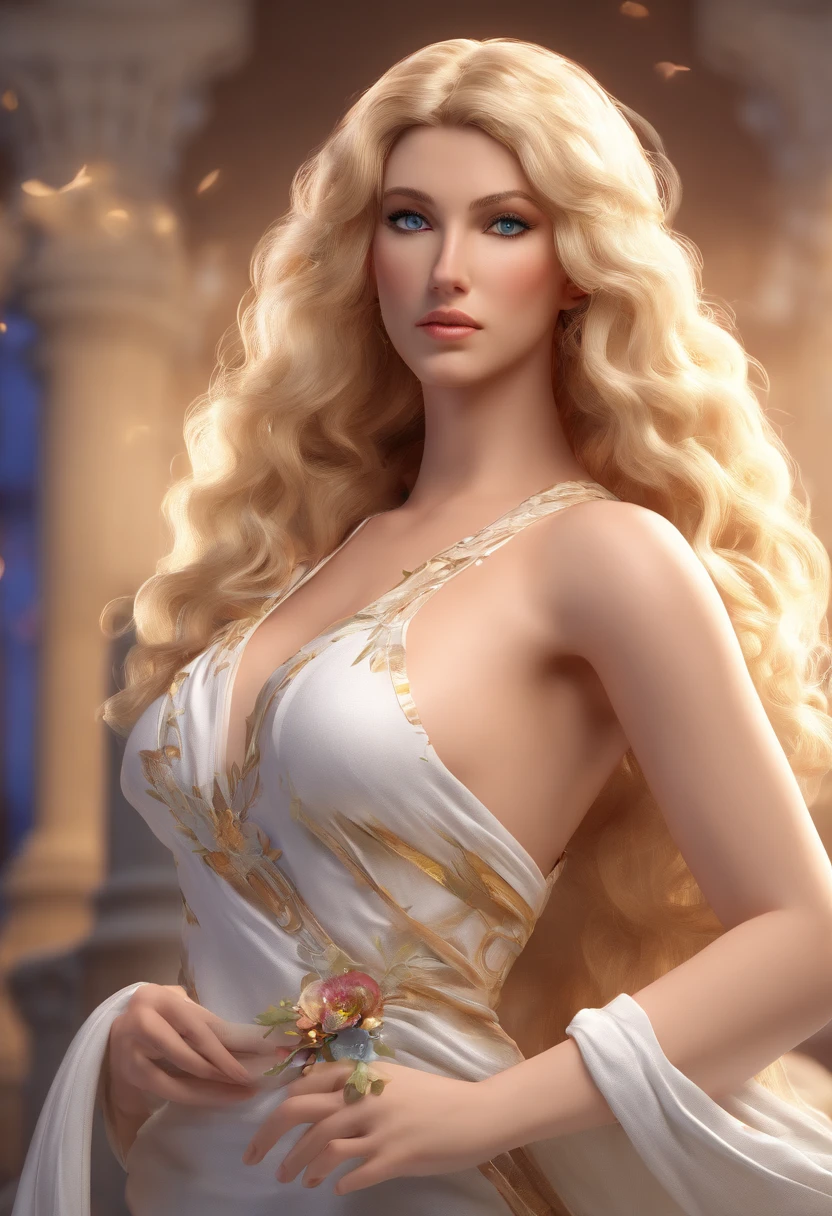 Greek goddess Aphrodite, nude, totally naked, seductive, serious and sexy face, has a face of supernatural beauty and short curly blonde hair decorated with flowers, as well as blue eyes. (perfect anatomy) , (perfect eyes) Her figure is extremely voluptuous, Gigantic breasts, Heavy breasts, Hip fitness, Cracked abdominal muscle, White silk dress, big abs muscle,