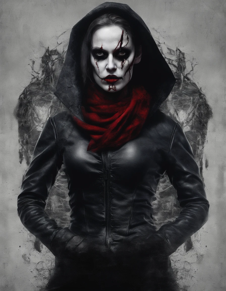 (full body portrait), a beautiful woman, 25 yo, sinister smile expression, red scarf, black leather clothes, standing seductuvely