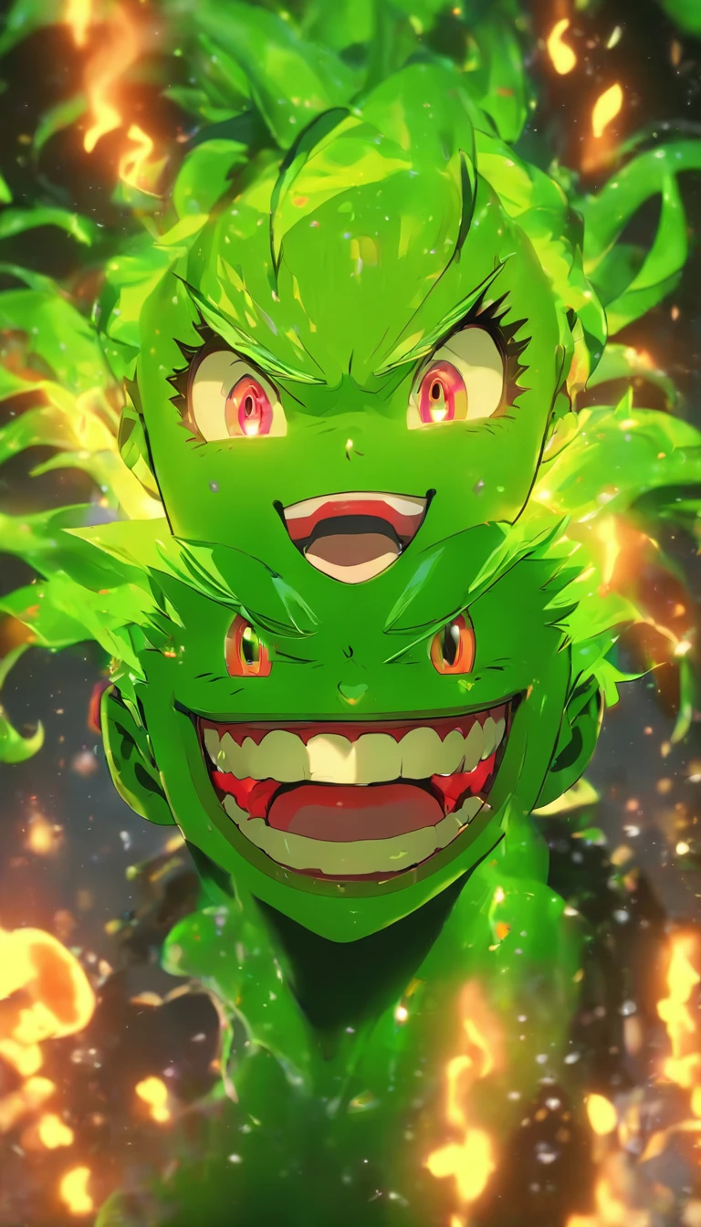 (masterpiece 8k, best quality: 1.2) Niji Slime, kawaii, anime, flat colors, cel shaded, horror theme, horror make_up, halloween, flames, 1girl, looking at viewer, smile, short hair, jewelry, earrings, choker, necklace, makeup, black choker, piercing, green_lipstick, portrait, green_hair, side lighting, neon lighting, rim lighting, specular highlights, ray tracing, quixel megascan, photon mapping, 3d work, volumetric lighting,