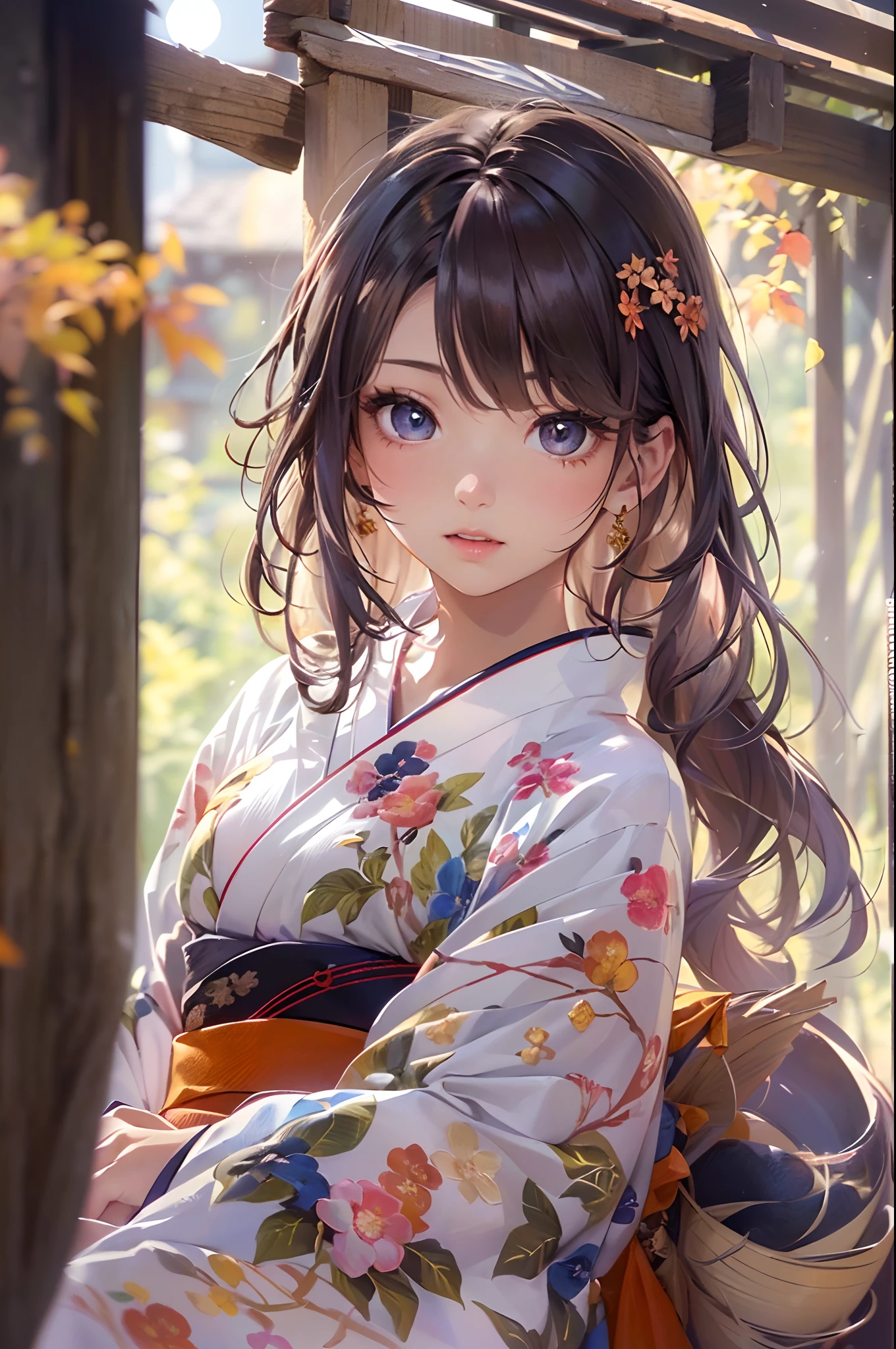 (Official art、Best Quality、Unity 8k Wallpapers、32K、​masterpiece、ultra-detailliert、超A high resolution、Oil painting style:1.2)、A slender、Medium bust、(Full body:1.2)、(sideshot、Looking away:1.2)、Highly detailed background、Realistic pupils、Sharp pupils、blurry backround、Beautiful girl in yukata、(very detailed face and eyes、beauitful face、super detailed skin、detailed skin textures:1.3)、Japan garden、cowboy  shot、Sit on the porch、moonlights、One full moon in the sky、Moon、dumpling、Autumn landscape、