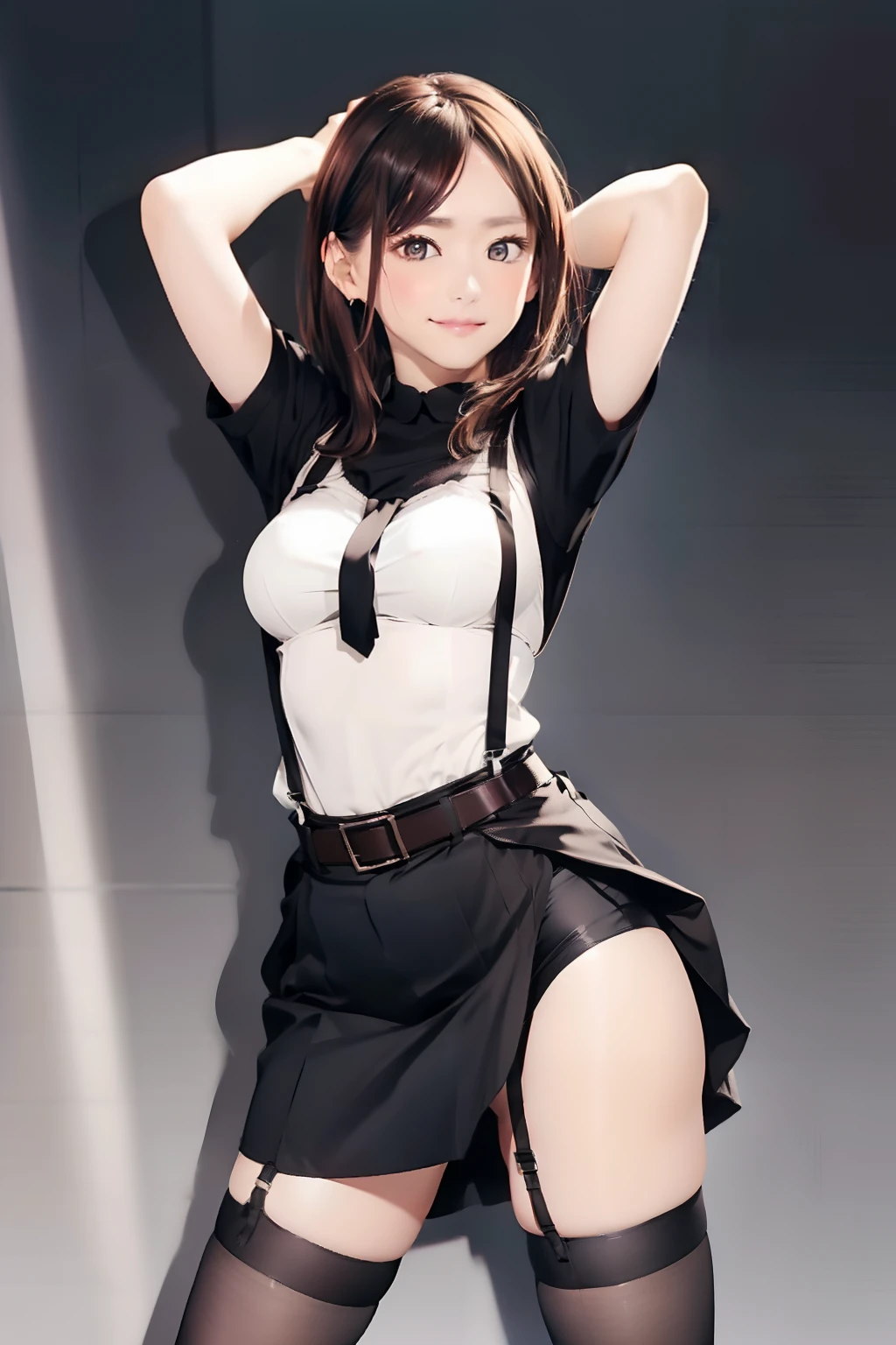 Black skirt, suspenders, Brown hair Gray eyes, Garter belt on the legs, Tight clothes, a belt Armpit sweat Tight look Moderate breasts