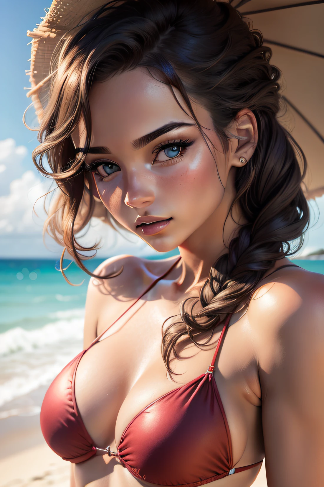 a woman in a bikini,portrait,beautiful detailed eyes,beautiful detailed lips,long eyelashes,beach background,vivid colors,soft lighting,photorealistic