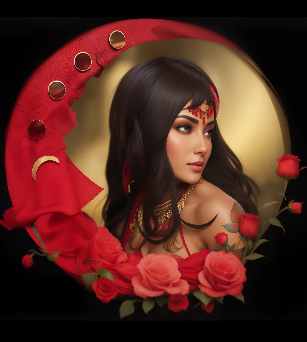Gorgeous ultra-realistic silk scarf tied to head (red scarf)