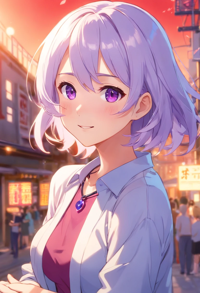 1girll,Heart-shaped pupil,Fingernails,hand on own face,White hair,Purple eyes,(blush:1.1),choker necklace,Upper body,trembling,Sweat,Drops of sweat,heart mark,(SPEEDLINE:1.1),medium breasts, ((Rough breath:1.3)), koi, heart mark, croptop, cheerfulness, Smile