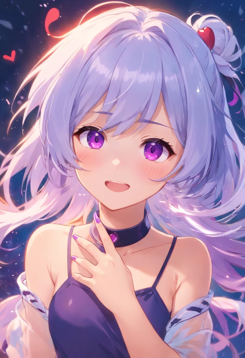 1girll,Heart-shaped pupil,Fingernails,hand on own face,White hair,Purple eyes,(blush:1.1),choker necklace,Upper body,trembling,Sweat,Drops of sweat,heart mark,(SPEEDLINE:1.1),medium breasts, ((Rough breath:1.3)), koi, heart mark, croptop, cheerfulness, Smile
