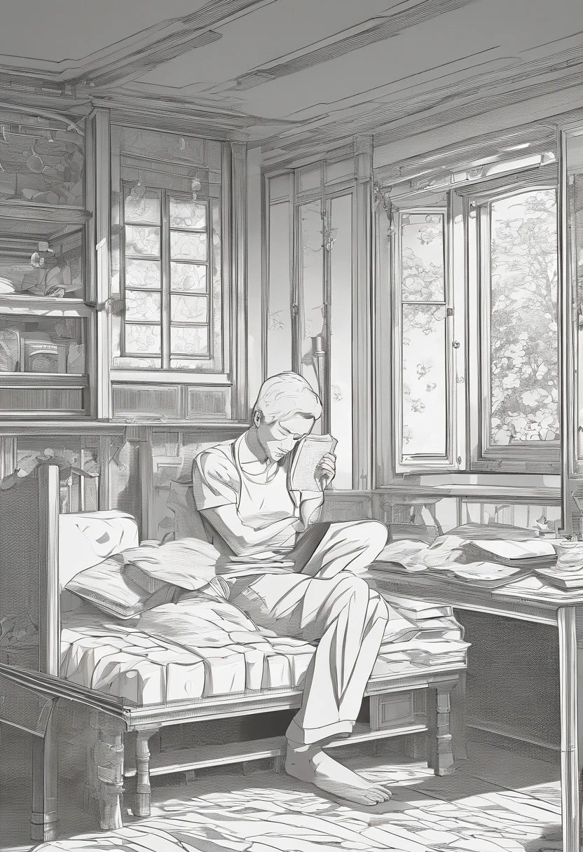 A depressed man writing a diary in his room