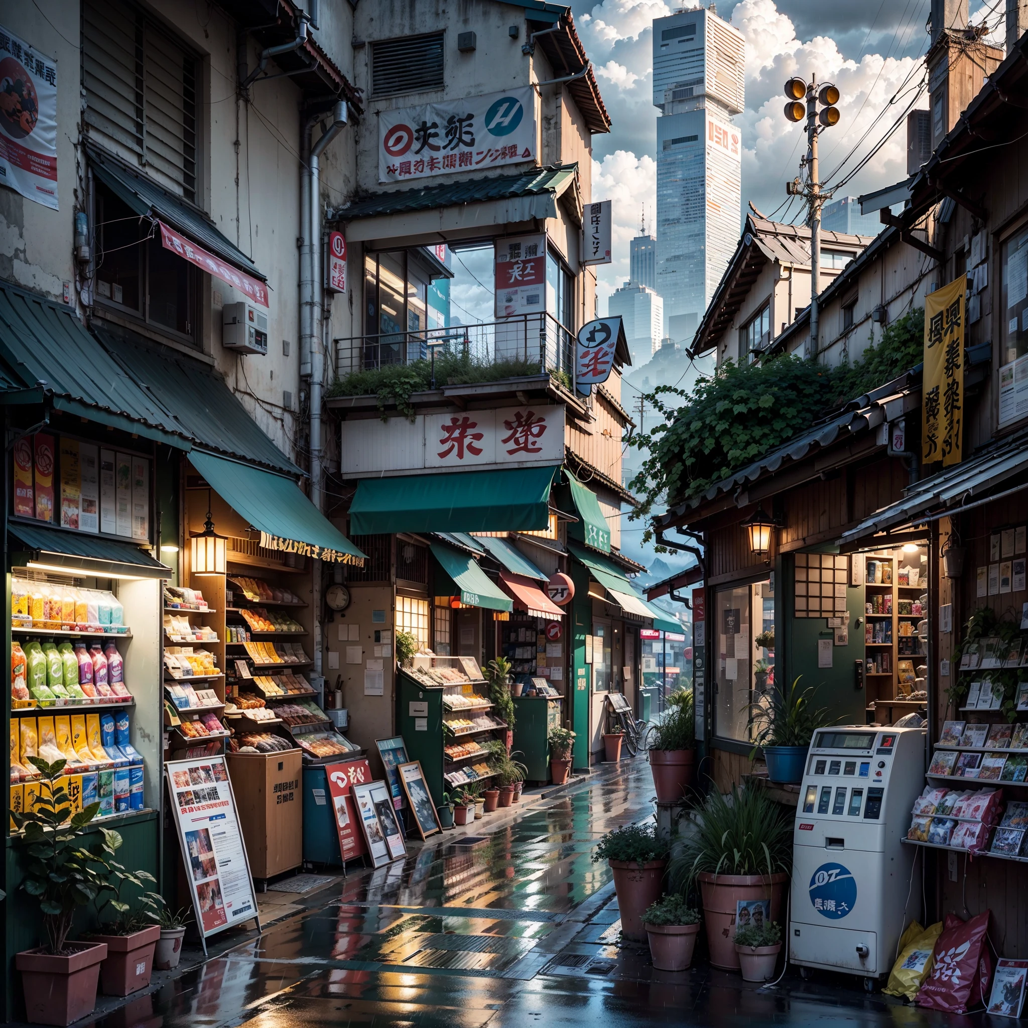 anime background, anime, anime style, lofi, lofi style. empty Modern Japanese street, Japanese shops, modern Japanese apartments. big retro Japanese banners and shop signs. plant pots, air vents, wires, gutters, vending machines, trash cans. rain, raining, heavy rain, gloomy weather, dramatic clouds. best quality. (no one: 1), no one, no one in sight, no people. wide angle. slightly overgrown. mountains in the background
