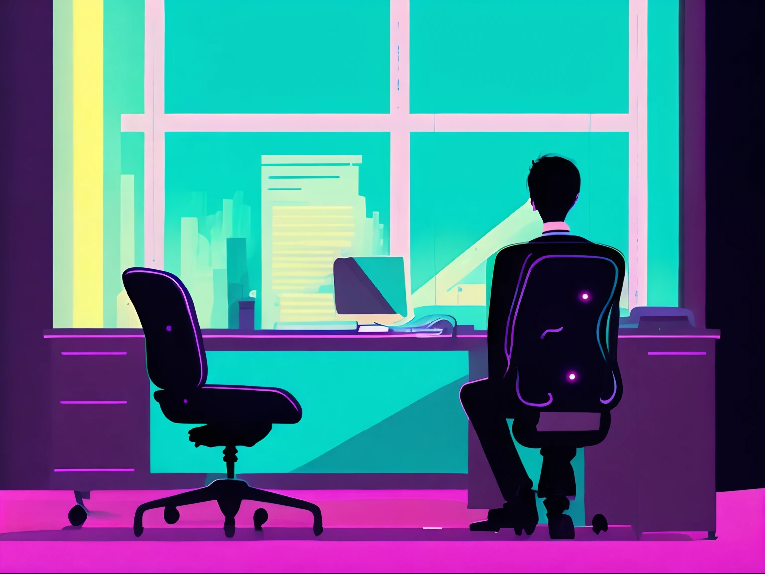 An illustration of a sad person with his head down, a business office, cores neon por Kilian Eng