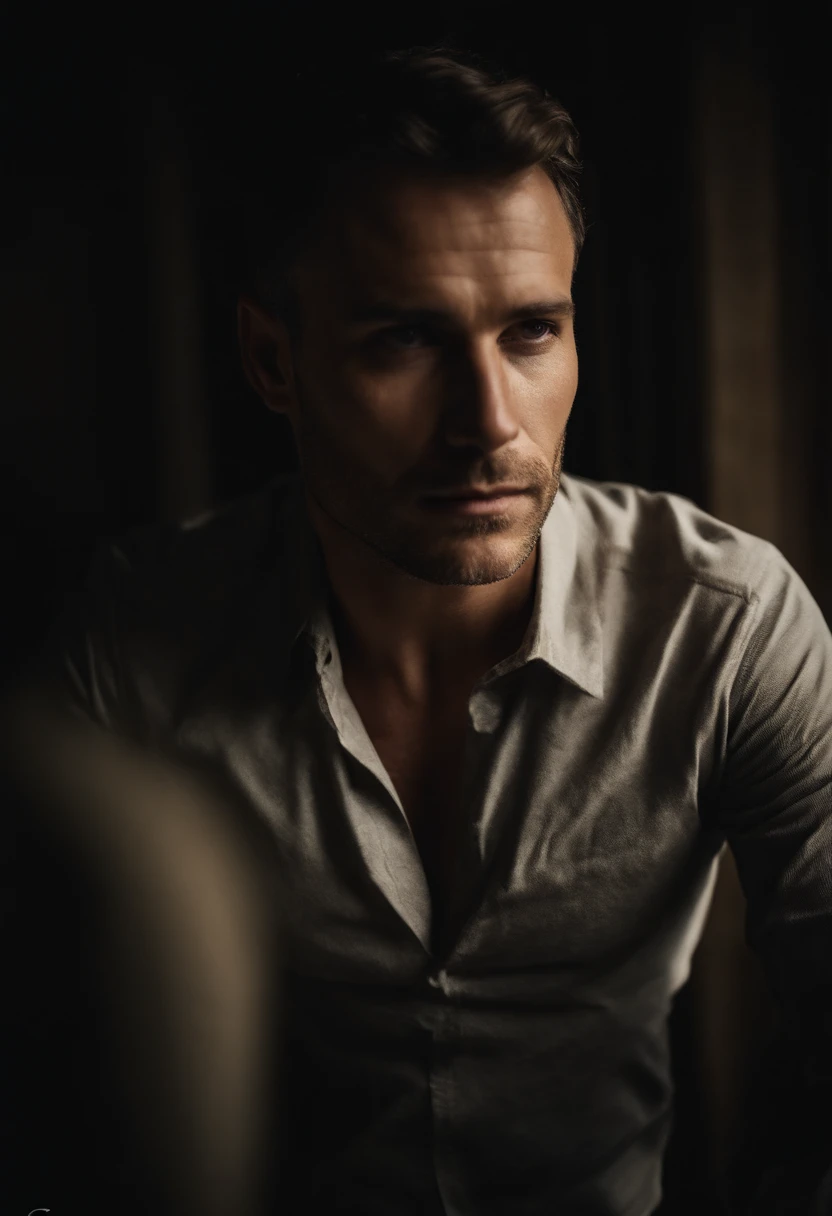 mbres sensuelles: The Handsome Enigmatic Look - Immerse yourself in sensual shadows with an extreme close-up that highlights striking and short eyes, curly short brown hair, (shaven:1.3), (40 ans:1.3). The mastery of light and shadow adds depth to its masculine aspect in this dramatic composition...... Captured with a Fujifilm GFX 100S and a Fujinon GF 63mm f/2.Objectif 8 R WR --ar 9:16 --s 350 --c 10 --style brut