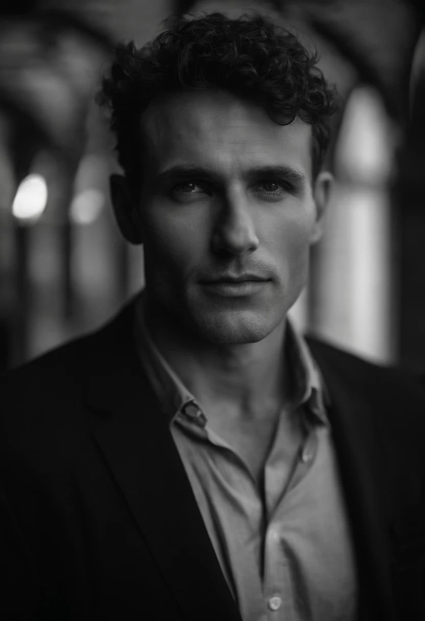 mbres sensuelles: The Handsome Enigmatic Look - Immerse yourself in sensual shadows with an extreme close-up that highlights striking and short eyes, curly short brown hair, (shaven:1.3), (40 ans:1.3). The mastery of light and shadow adds depth to its masculine aspect in this dramatic composition...... Captured with a Fujifilm GFX 100S and a Fujinon GF 63mm f/2.Objectif 8 R WR --ar 9:16 --s 350 --c 10 --style brut