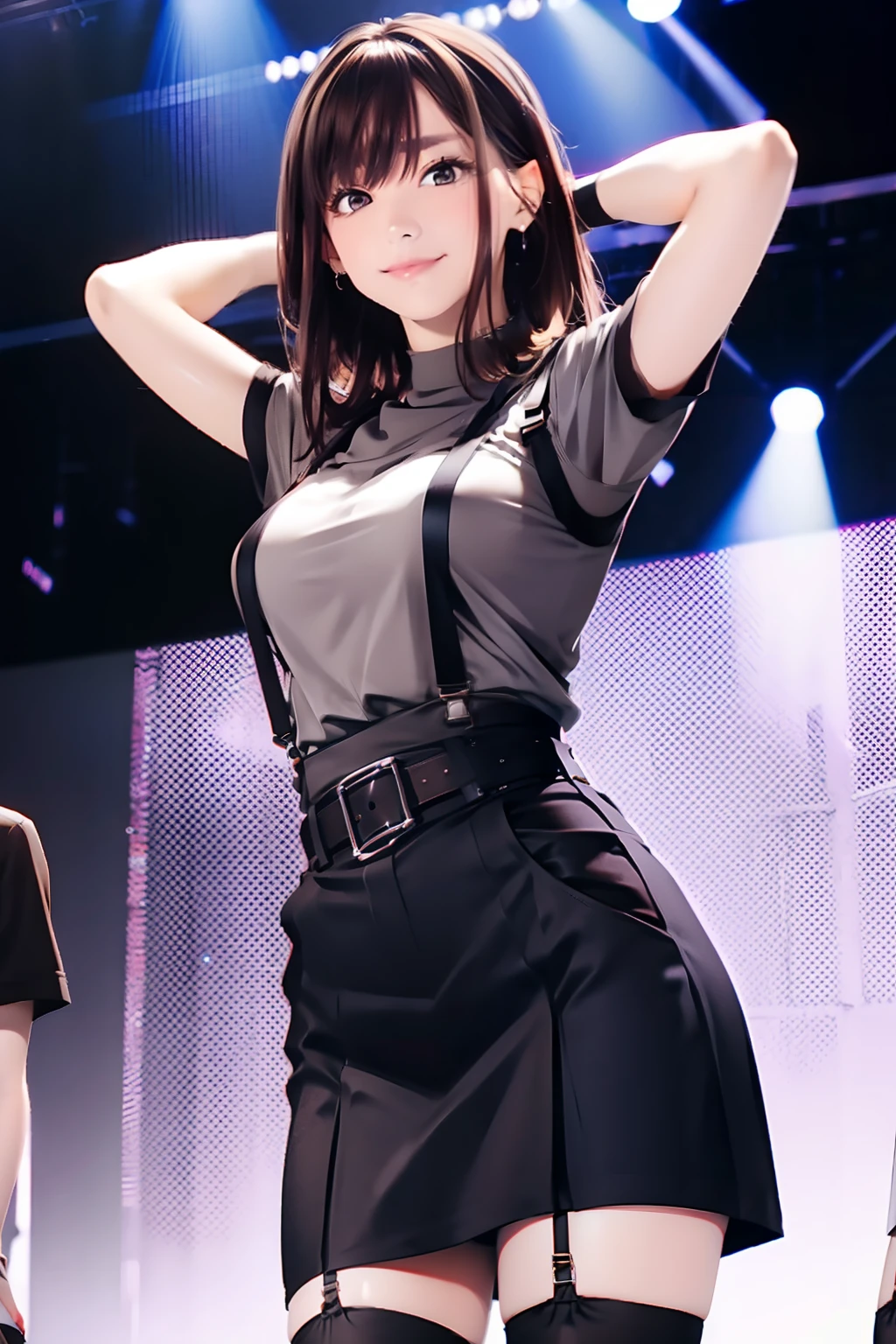 Black skirt, 　suspenders, Brown hair Gray eyes, Garter belt on the legs, Tight clothes, 　　 a belt　Armpit sweat　　Tight look　Moderate breasts