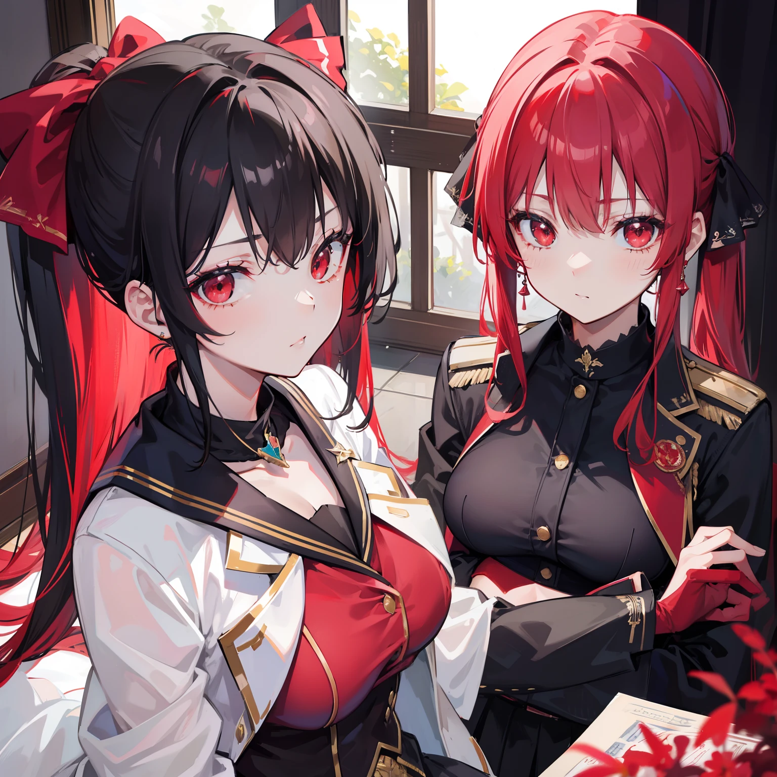 Yor Forger, Houshou Marine, 2girls, red eyes, black hair, red hair