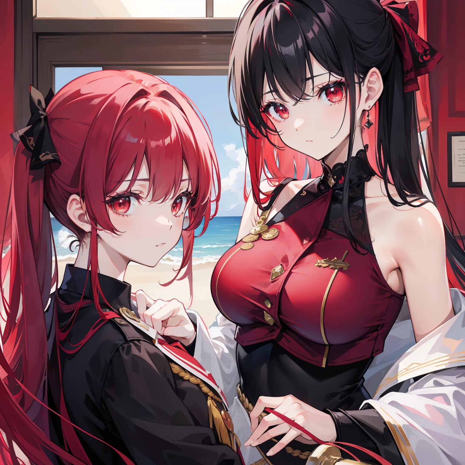 A red haired woman with red eyes is cupping the face of  a black haired woman with brown eyes in nice dresses
