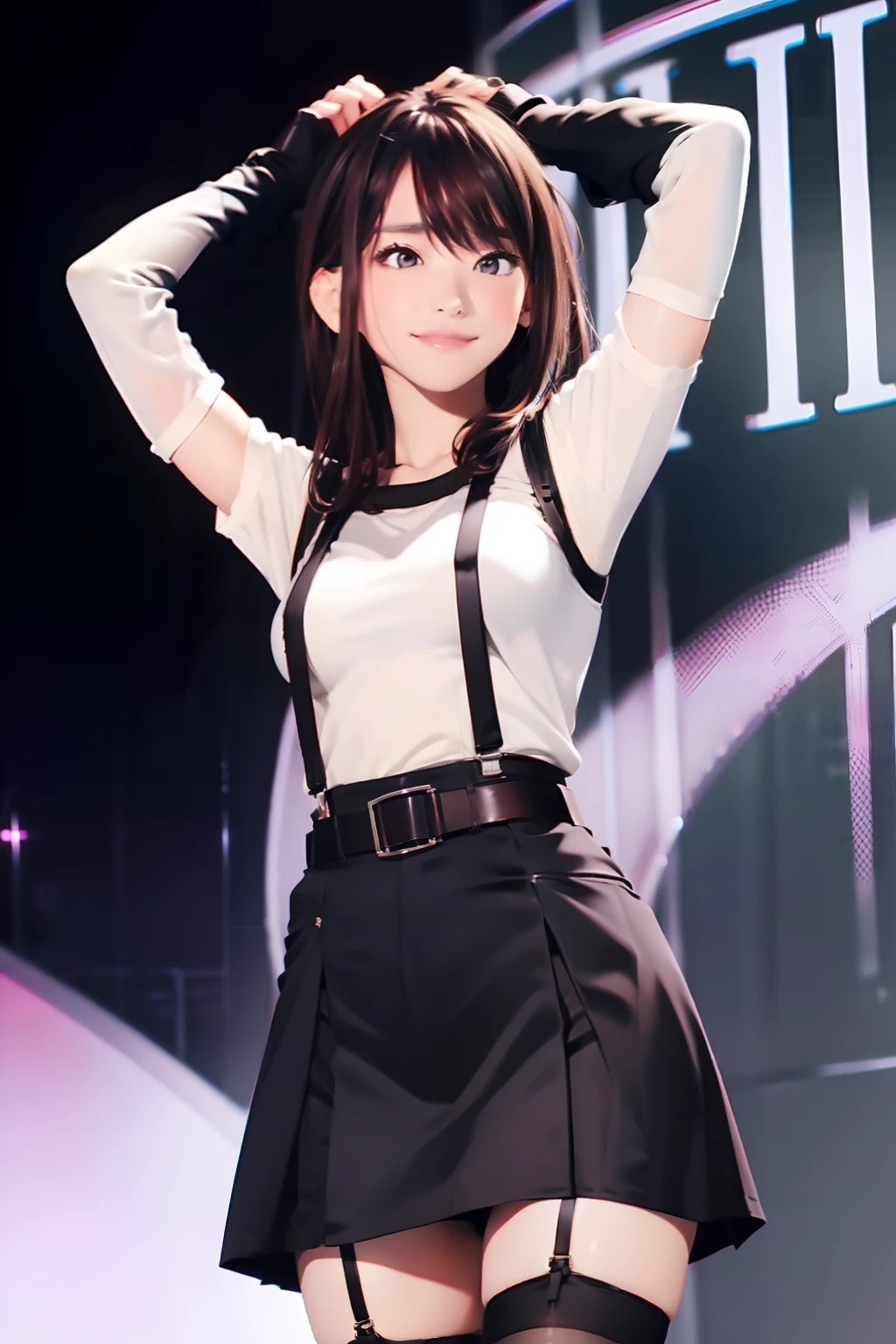 Black skirt, 　suspenders, Brown hair Gray eyes, Garter belt on the legs, Tight clothes, 　　 a belt　Armpit sweat　　Tight look　Moderate breasts