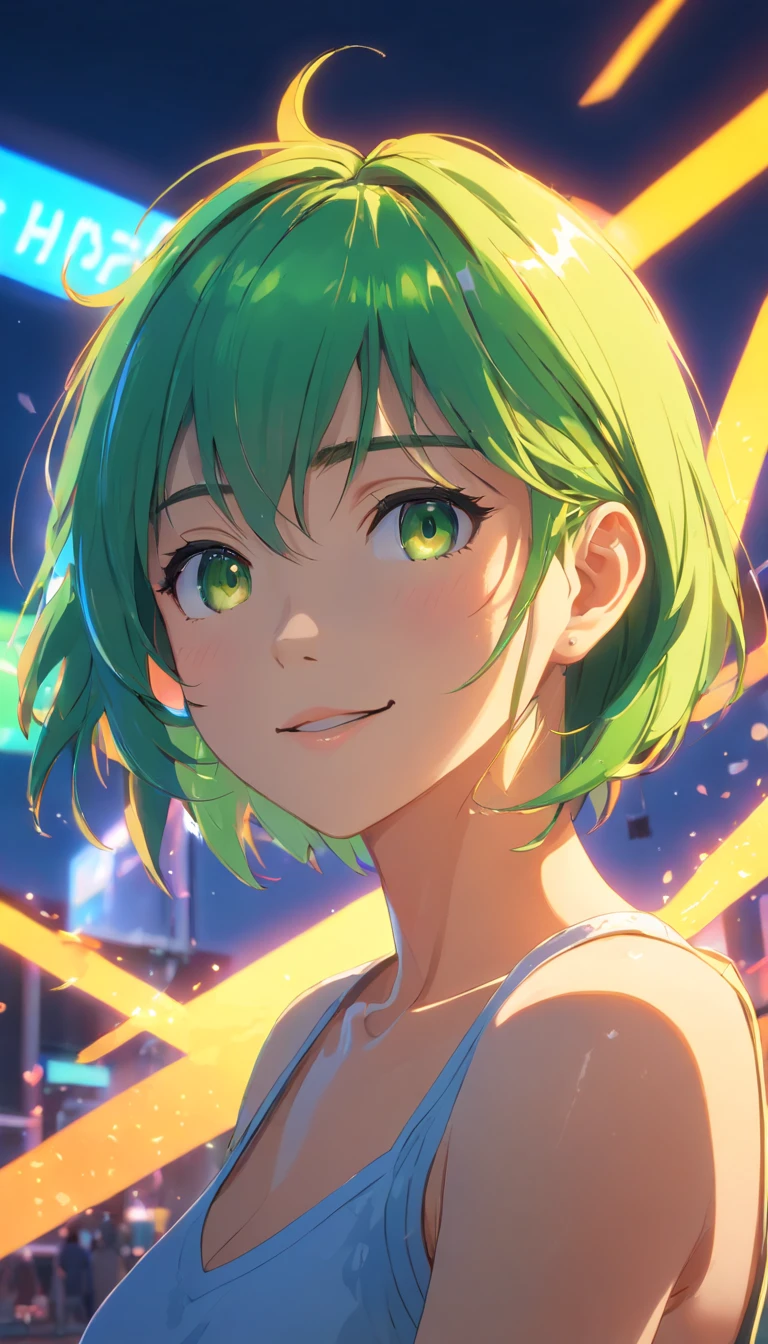 (masterpiece 8k, best quality: 1.2) Niji Slime, kawaii, anime, flat colors, cel shaded, horror theme, horror make_up, halloween, flames, 1girl, looking at viewer, smile, short hair, jewelry, earrings, choker, necklace, makeup, black choker, piercing, green_lipstick, portrait, green_hair, side lighting, neon lighting, rim lighting, specular highlights, ray tracing, quixel megascan, photon mapping, 3d work, volumetric lighting,