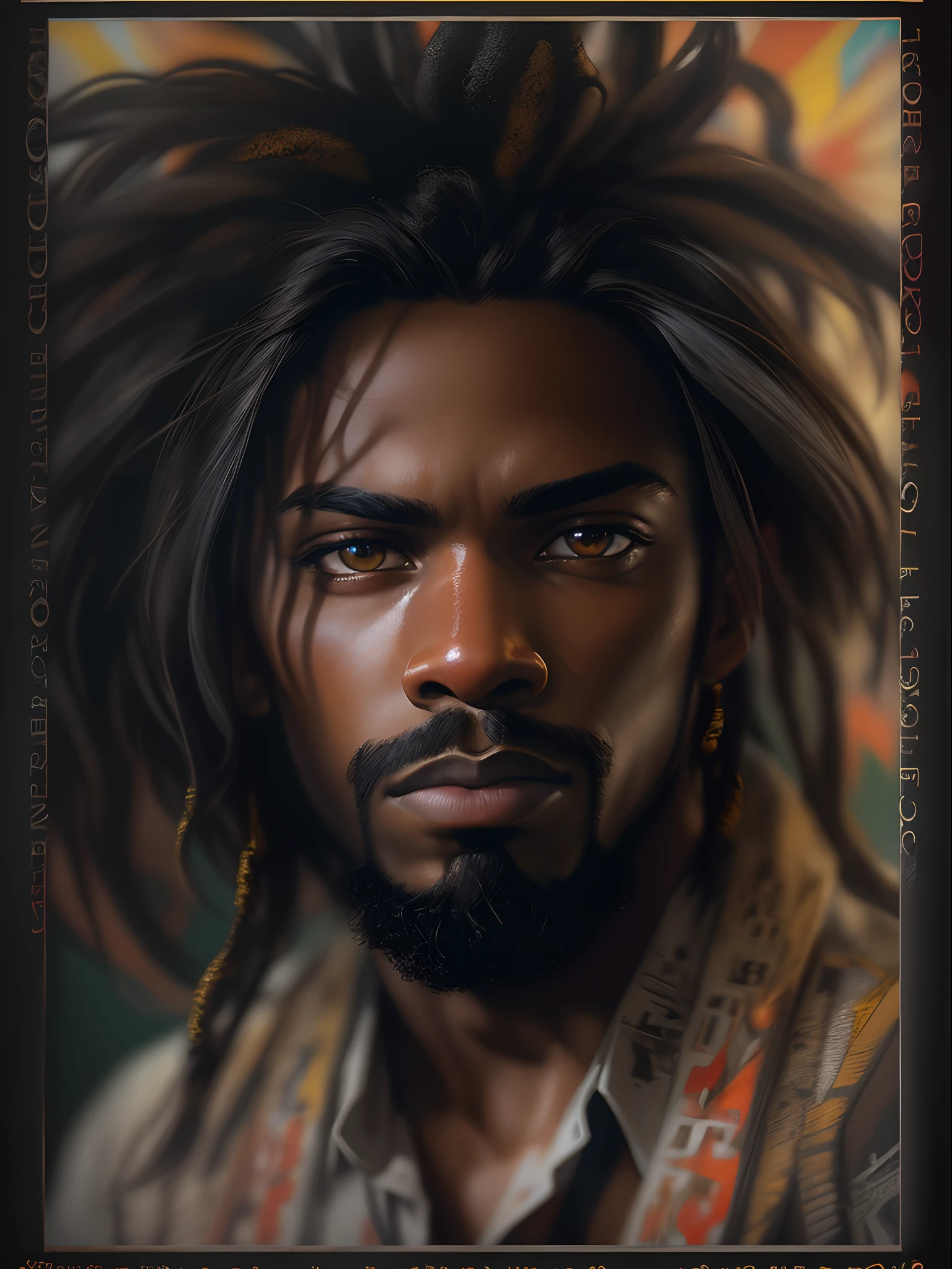 Black man with Rastafari hair, sharp eyes, serious face vhs effect, (poster:1.6), poster on wall, nostalgia, movie poster, portrait, high-detaled face,(skin texture), intricately detailed, fine details, hyperdetailed, raytracing, subsurface scattering, diffused soft lighting, shallow depth of field, by Oliver Wetter,
Intricate, High Detail, Sharp focus, dramatic, photorealistic painting art by greg rutkowski, bokeh