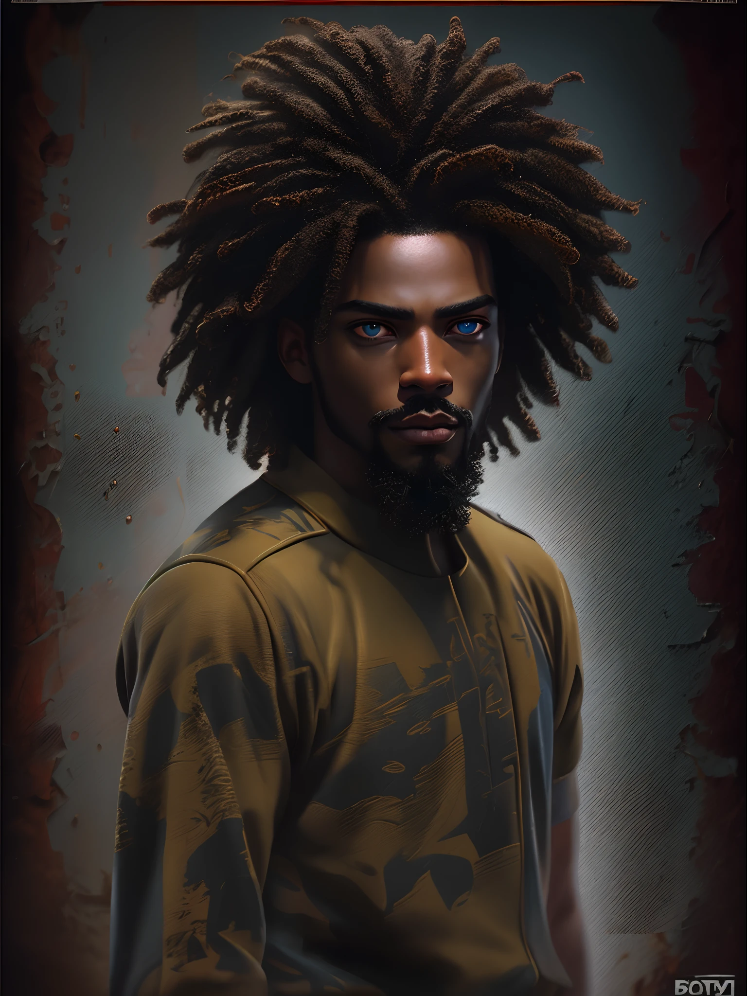 Black man with Rastafari hair, sharp eyes, serious face vhs effect, (poster:1.6), poster on wall, nostalgia, movie poster, portrait, high-detaled face,(skin texture), intricately detailed, fine details, hyperdetailed, raytracing, subsurface scattering, diffused soft lighting, shallow depth of field, by Oliver Wetter,
 Intricate, High Detail, Sharp focus, dramatic, photorealistic painting art by greg rutkowski, bokeh