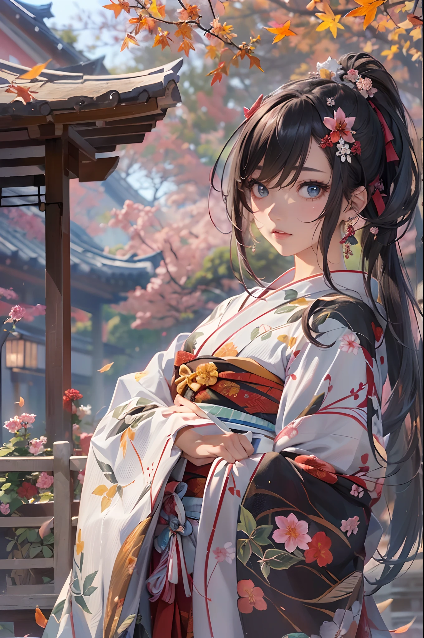 (Official art、Best Quality、Unity 8k Wallpapers、32K、masterpiece、ultra-detailliert、超A high resolution、Oil painting style:1.2)、A slender、Medium bust、(Full body:1.2)、(sideshot、Looking away:1.2)、Highly detailed background、Realistic pupils、Sharp pupils、blurry backround、Beautiful girl in yukata、(very detailed face and eyes、beauitful face、super detailed skin、detailed skin textures:1.3)、Japan garden、cowboy shot、Sit on the porch、moonlights、One full moon in the sky、Moon、dumpling、Autumn landscape、