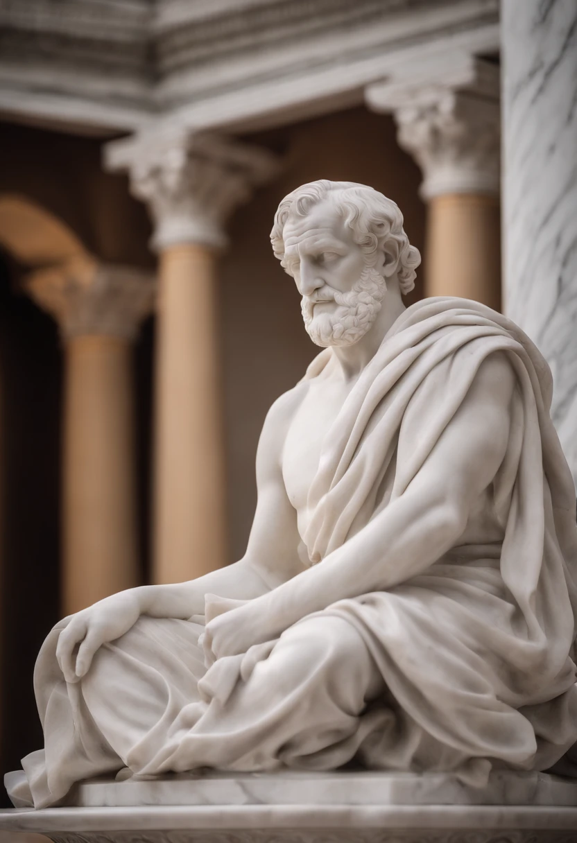 statue of Seneca Stoic scholar, white marble style, pensativo e confiante, fundo de templo, alta qualidade, detalhado