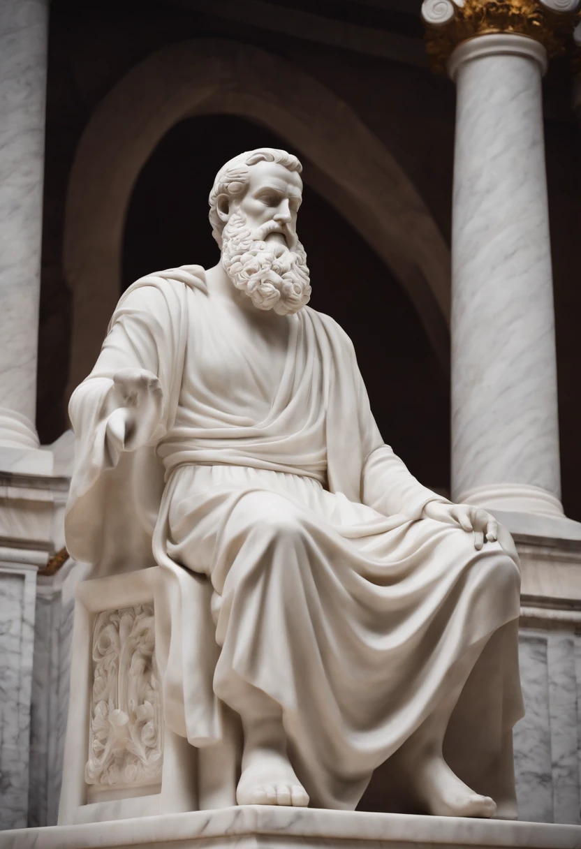 statue of Seneca Stoic scholar, white marble style, pensativo e confiante, fundo de templo, alta qualidade, detalhado