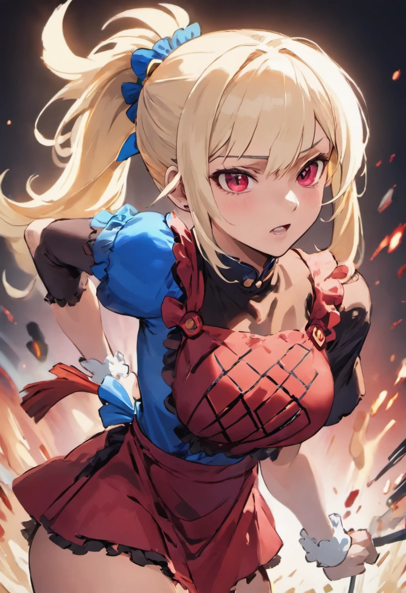 Close-up photos, Confident young beautiful adult woman with blonde hair and white hair in a ponytail, Maid wearing red and blue design clothes, で, Photorealistic, Cinematic lighting