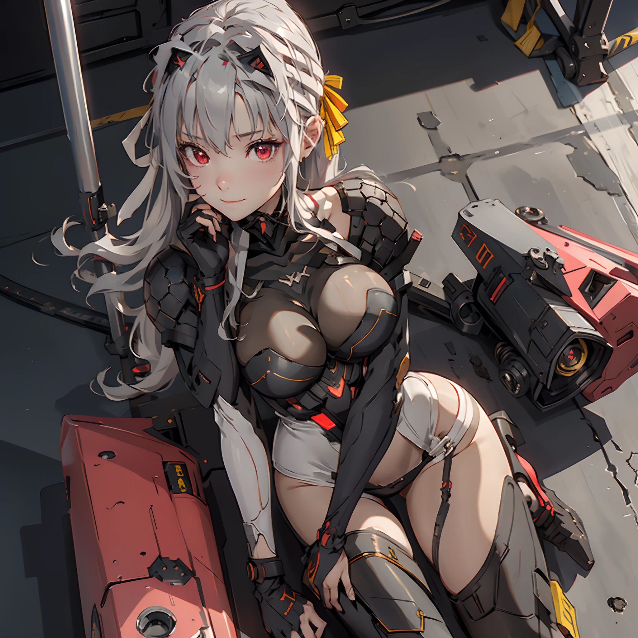 1 girl, tie up hair, left side swept hair, long gray hair, red eyes, innocent smile, black mech armor, cool and sexy face, black thigh knee sock, 8, Sharp face, Yellow ribbon at the ear, battlefield, outside, head bondage, black steel boot, standing, , modernia, massive cannon, one person, alone, 1 head, 2 hands, 2 legs