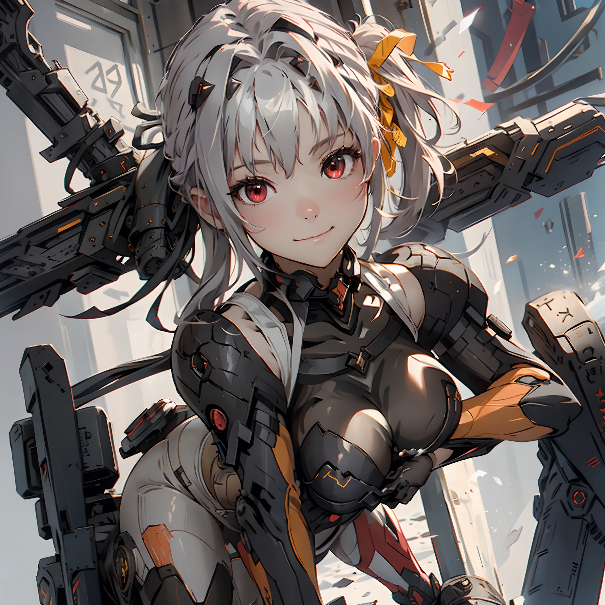 1 girl, tie up hair, left side swept hair, long gray hair, red eyes, innocent smile, black mech armor, cool and sexy face, black thigh knee sock, 8, Sharp face, Yellow ribbon at the ear, battlefield, outside, head bondage, black steel boot, standing, , modernia, massive cannon, one person, alone, 1 head, 2 hands, 2 legs