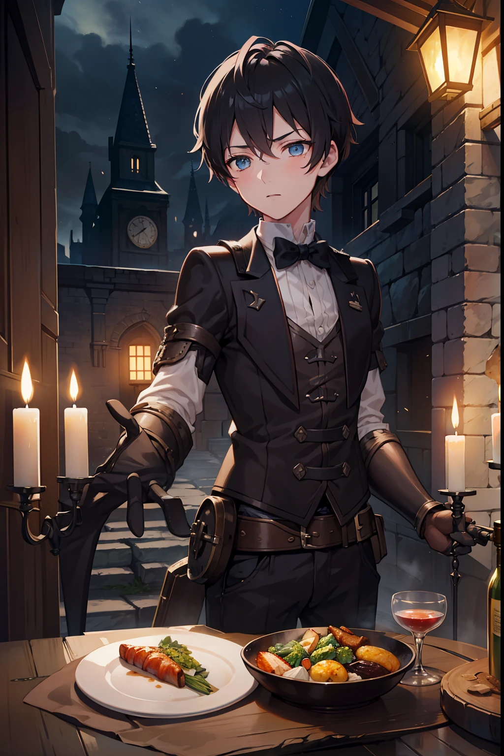 A dark-haired Short hair blue eyess male people twinks {{ember}} Castle courtyard His arms folded steampunc Dinner party