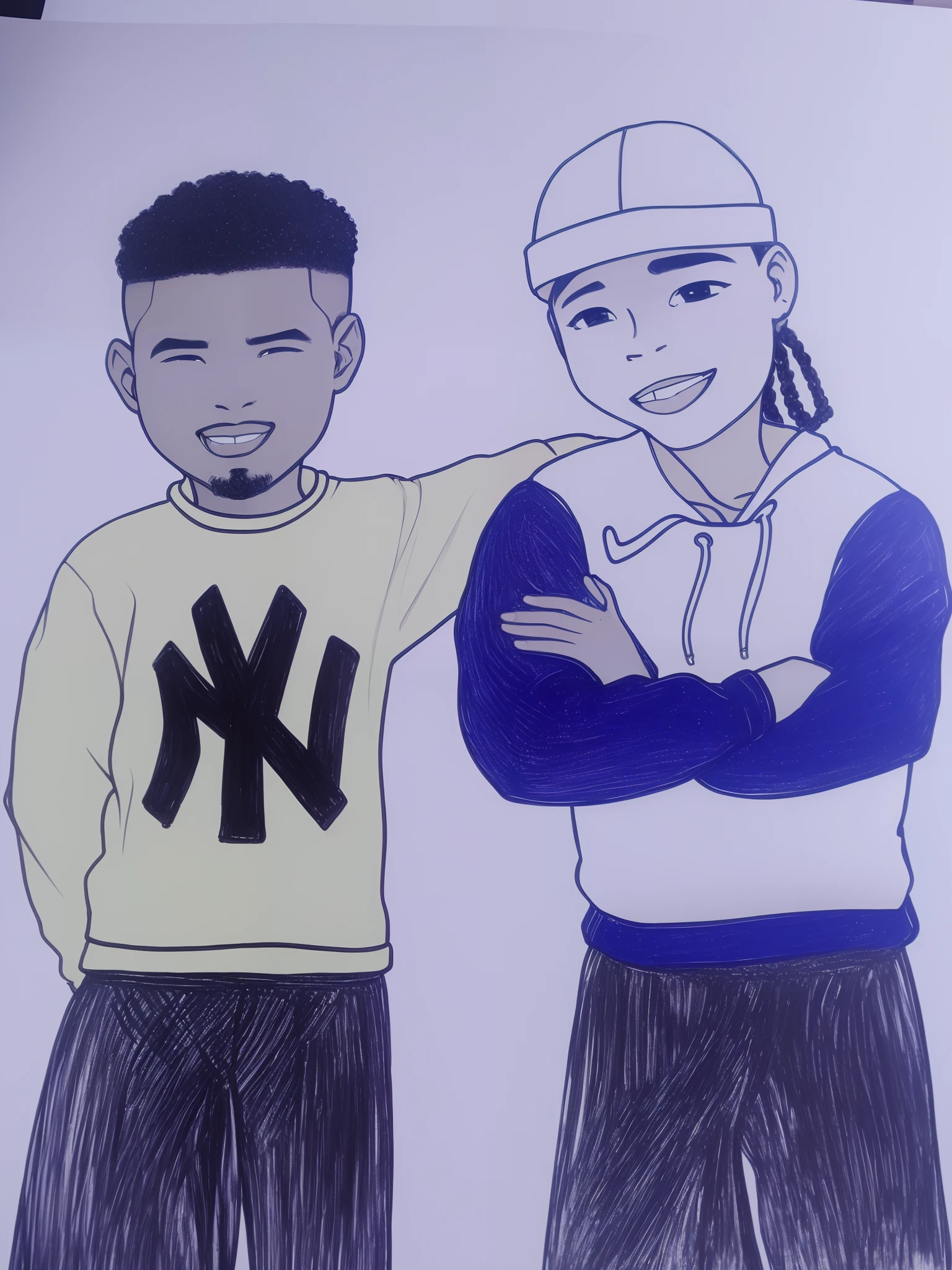 Two black men in sweatshirts and black pants , anime , Realismo