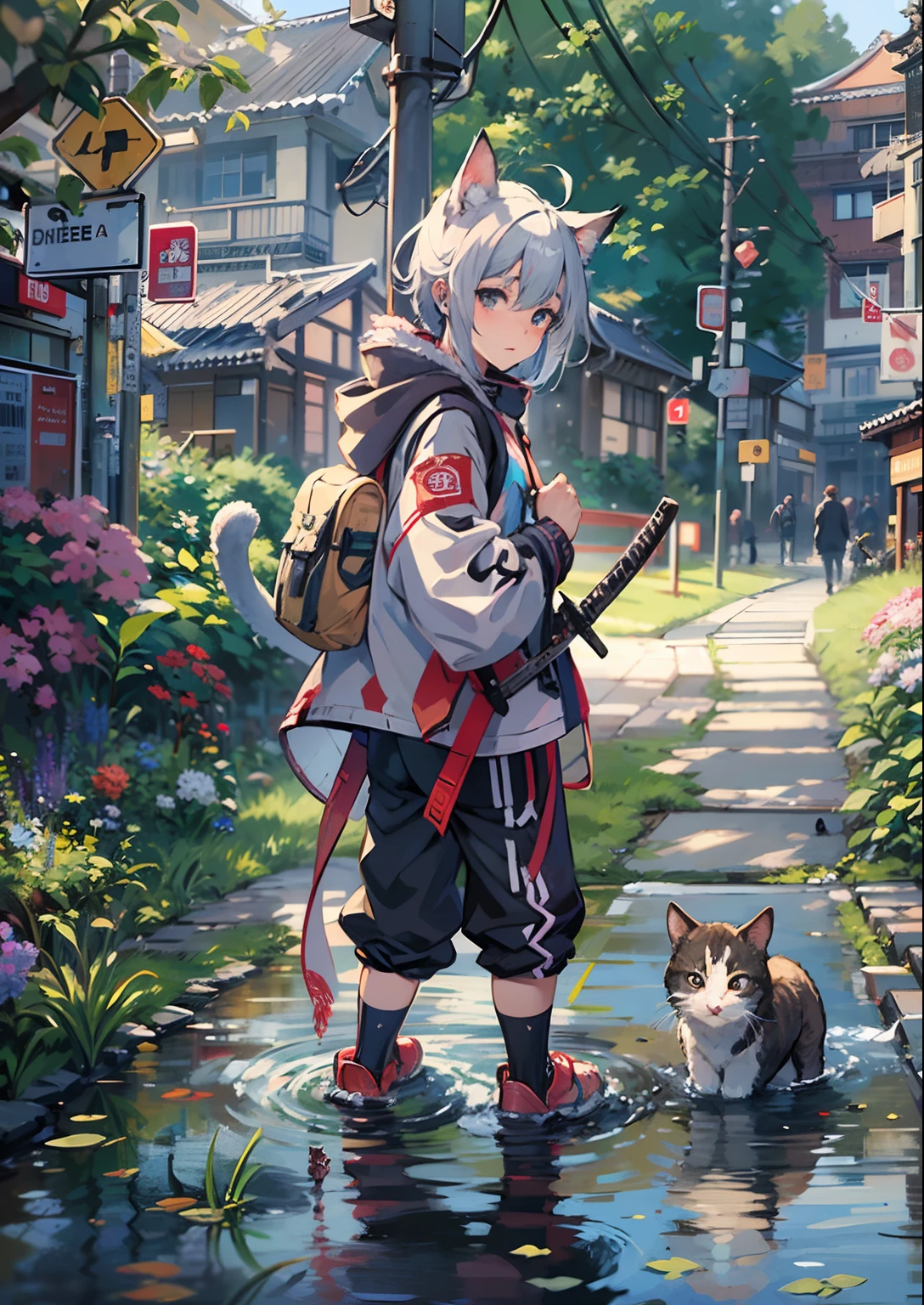 1boy,Man's ,Cyberpunk Boy、katanas,machine gun、Cat's ears、silber hair、poneyTail、The beginning of the adventure、during daytime、Into the cloud、ruined and devastated city、Complex Japan buildings、temple,railroad crossing、Bus stop、Trees、Warm lighting、puddles、Good old Japan landscape、Beautiful and fantastic summer landscape、Cinematic scenery、hightquality、masutepiece,8K、hight resolution、ultra-detailliert,
