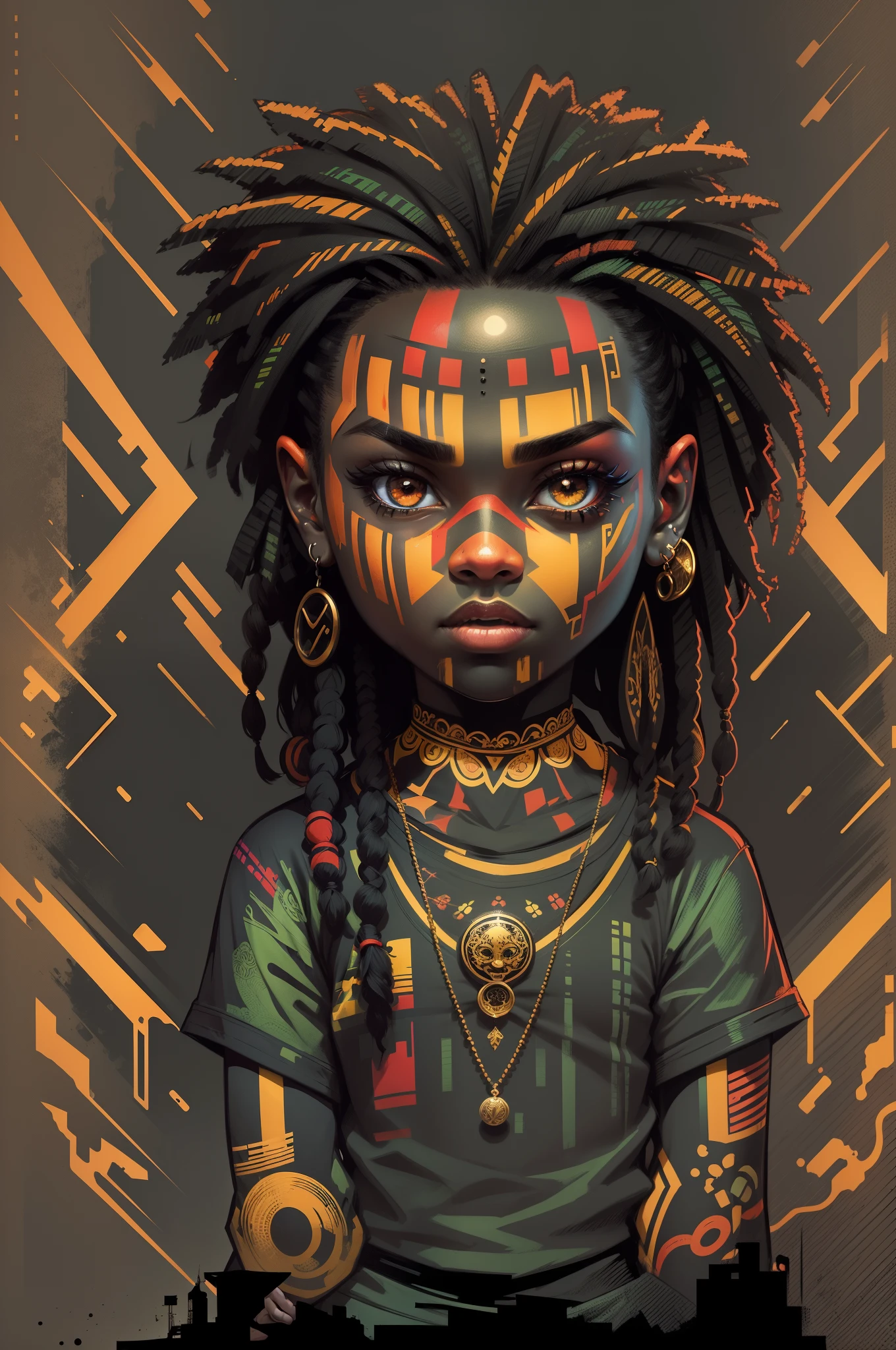 t-shirt art, 2D, ((black background :1, 5)), vector, vivid colors, chibi rasta outfit character, masterpiece, best quality, intricate details, perfect symmetrical face, realistic details, gothic theme, rim light, moonlight, cinematic shading, Greg Rutkowisk