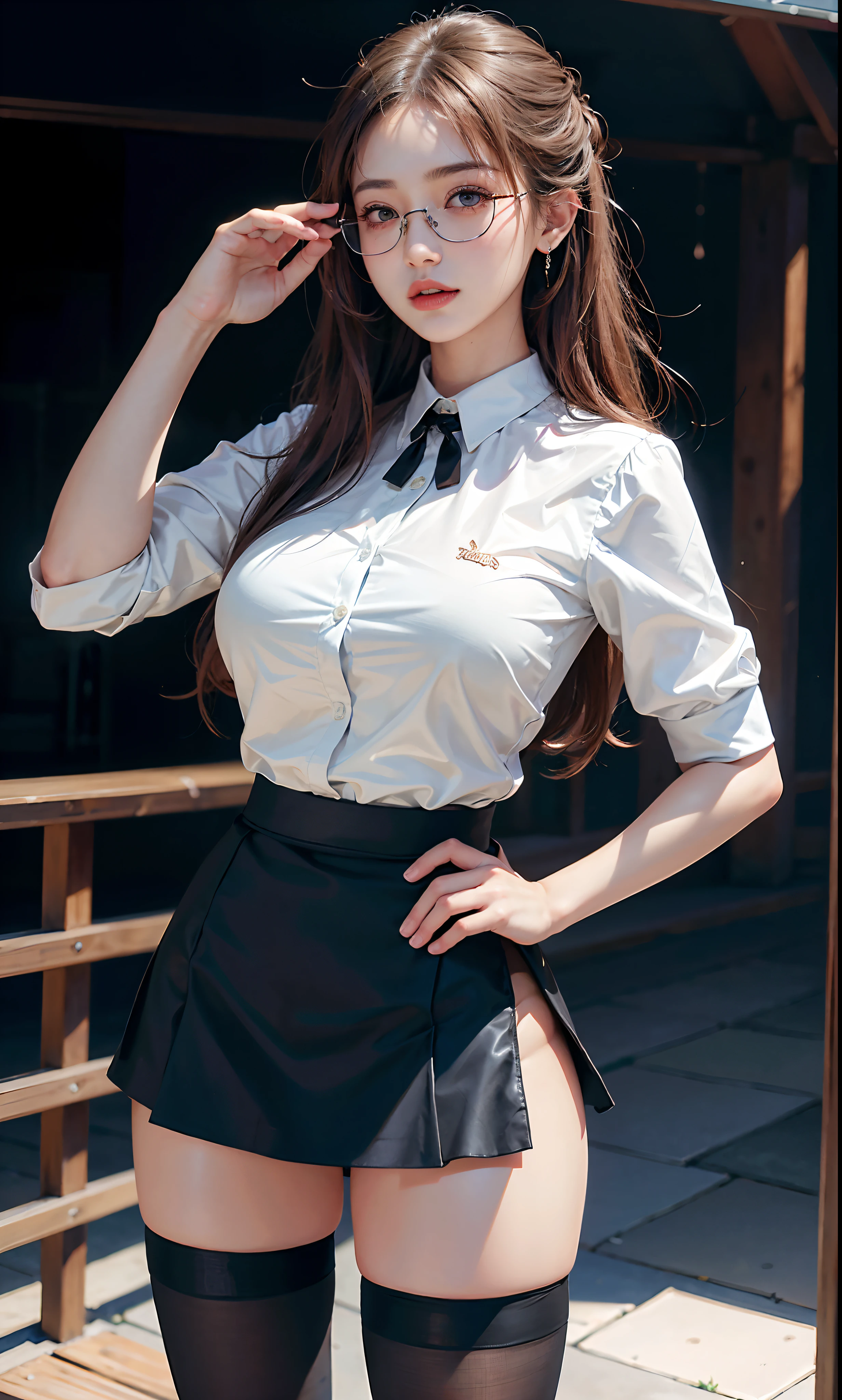 Ultra photo realsisim, 8K, CG，s the perfect face，flawless perfection，Ren，tmasterpiece，professionalartwork，famousartwork，s the perfect face，beauitful face，beautidful eyes，((((Double ponytail)))),（（Perfect female body）），独奏，（immersiveatmosphere，lightand shade contrast：1.5，Bright light:1.2,lumnious),(Blushlush:0.5),Enchanting expression,Ultimate detail_The eye,thick thight,huge tit,Exquisite background,depth of fields,photorealestic:1.3,Faraway view,1girll,The shirt,pleatedskirt,school uniform，Sit Pose，((((full bodyesbian))))，（ambient lights：1.3），（cinematic compositions：1.3），（neonlight：0.1），（hdr：0.1），emphasis lighting，White panty hose，(((clear clothing))，perspiring，Sweat，drenched，drench， wet through，