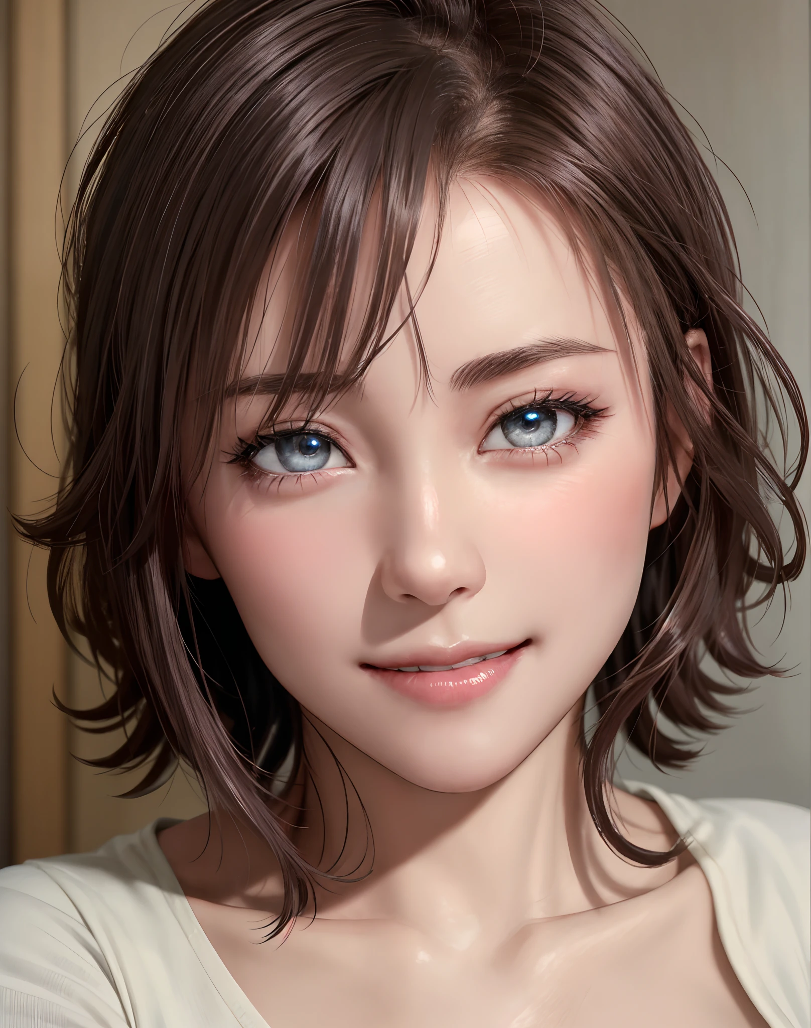 Top quality, ultra high resolution, (photorealistic: 1.4), beautiful eyes, super beautiful, short hair, beautiful breasts, lover, t-shirt with rough chest, eyes inviting viewer, lover's eyes, inviting facial expressions, sexy smile, perfect style, perfect balance, detailed skin, naughty eyes, chest visible