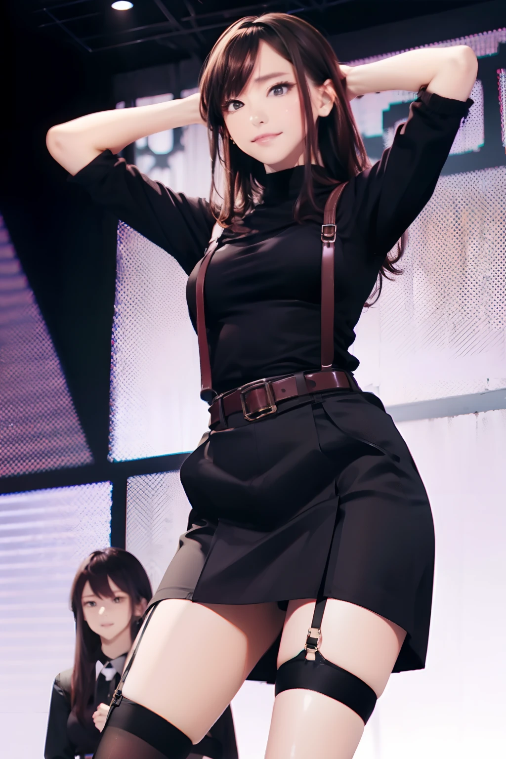 Black skirt, suspenders, Brown hair Gray eyes, Garter belt on the legs, Tight clothes, a belt Armpit sweat Dark look Moderate breasts