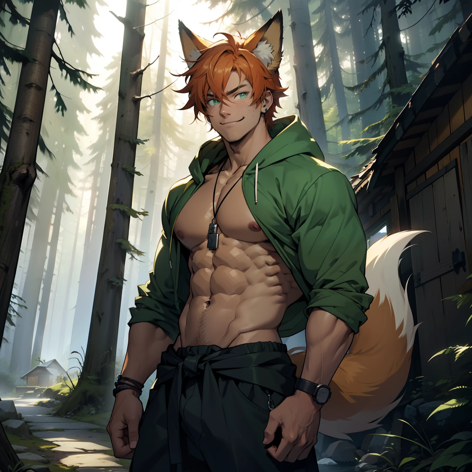 Solo, anime, male, muscular, abs, pecs, gringer hair, short hair, fox ears, fox tail, green eyes, faint freckles on face, smiling, shirtless, wearing dog tags, hoodie tied around waist, standing in front of a cabin in the woods
