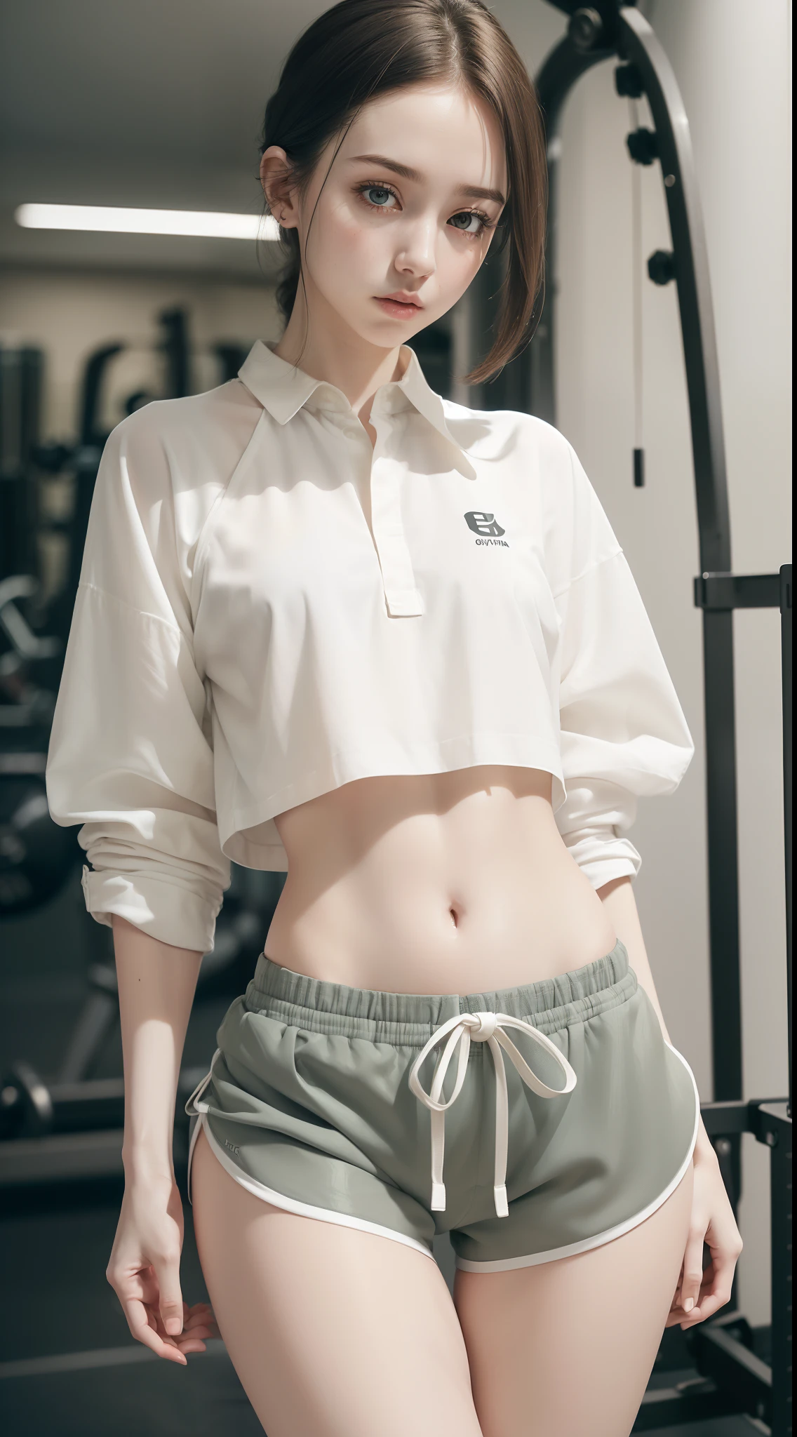 dynamic pose,1girl,pale skin,delicate face,intricate details,(baggy shirt,gym shorts:1.3),(small waist,wide thigh gap:1.3,thick thighs:1.3),white background,(best quality:1.2,ultra-detailed,realistic:1.37),portrait,soft colors,polished lighting