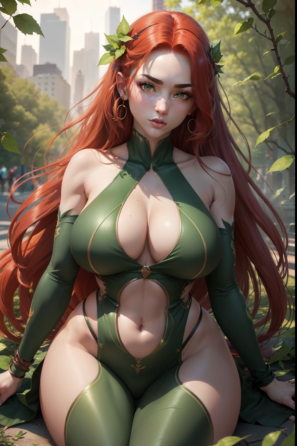 Poison Ivy (a stunning and seductive woman) full body, New York City in Time Square, realistically highlighted features long red hair, mesmerizing green eyes and pale, flawless skin. She wears tight-fitting clothing that matches her botanical theme, often sporting green attire or with sprigs of leaves and exotic plants all over her body. Her venomous elegance is complemented by accessories such as vine bracelets and leaf and arm-circle necklaces. Her face is expertly sculpted, with elegant and refined features and perfect shading and realistic skin texture. Her (green eyes), (Her extremely detailed eyes, beautiful detailed eyes, and macro). (Ultra Quality, Masterpiece, Ethereal: 1.4) ((Best Quality, Masterpiece)), ultra-detailed, highest resolution, realistic CG rendering, dynamic pose, beautiful face,(Poison Ivy-DC), glowing aura, glowing eyes , red hair, full body shot, full of action, intense energy, dramatic background. new york in the background, Nagatiti, (Slim and athletic body :1.2), (lots of Branches of leaves on clothes:1.4), (Big breasts:1.5), (hanging breasts: 1.5), (disproportionate breasts: 1.4), (realism :1.4), (Realisitc:1.4), (Absurd:1.4), 8k, ultra-detailed, detailed pretty face,(Only:1.4), 1girl, (Viewer facing:1.2), Intricate body details, (Curvy:1.3) ),(May:1.3)