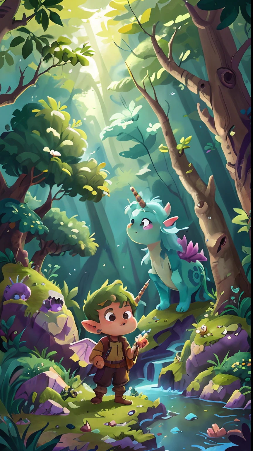 orc, unicorn, dragon, fairies, mystical creatures, fantasy, elves, Deep in the forest, Lucas made incredible discoveries. He found crystal clear streams and tall trees that seemed to touch the sky. Magical creatures, with gleaming wings and melodious voices, appeared in his path, enchanting him with their beauty and mystery.