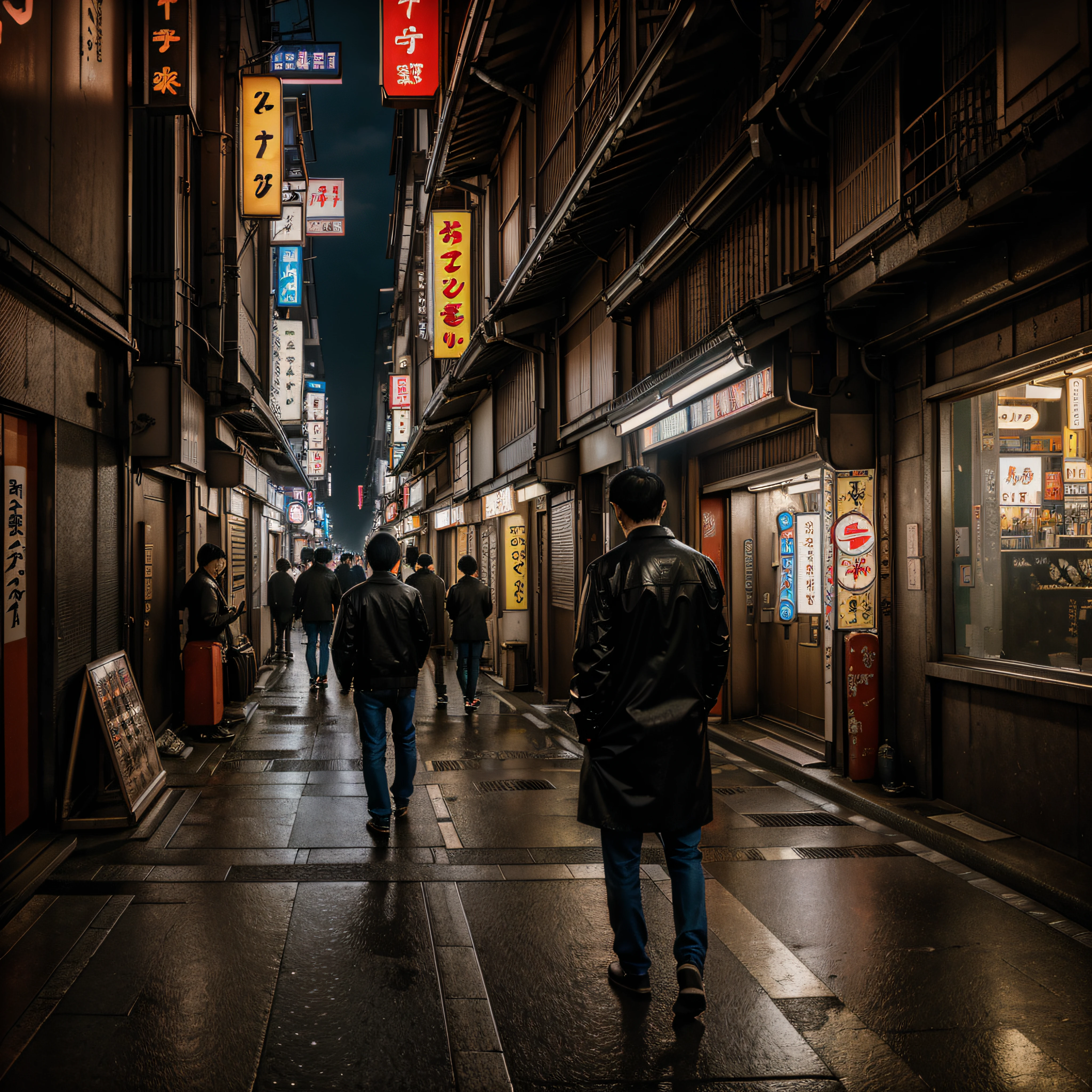 (masterpiece, raw photo, uhd, 8k, depth of field, highly detailed, hyperdetailed, hyperrealistic), back alleys of tokyo, neon signs, atmospheric light, mysterious atmosphere, believable architecture
