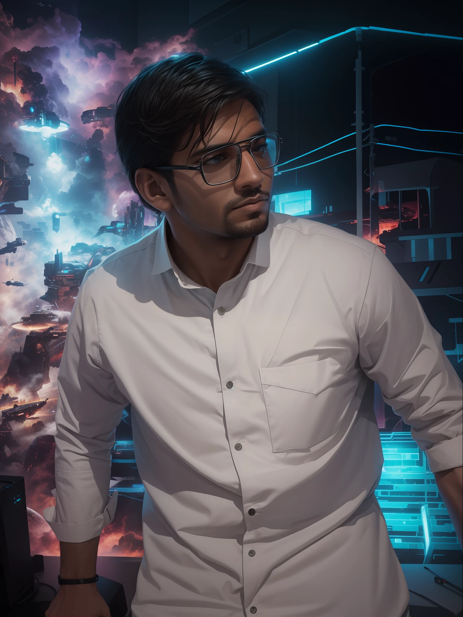 Change this man background,sci-fi
